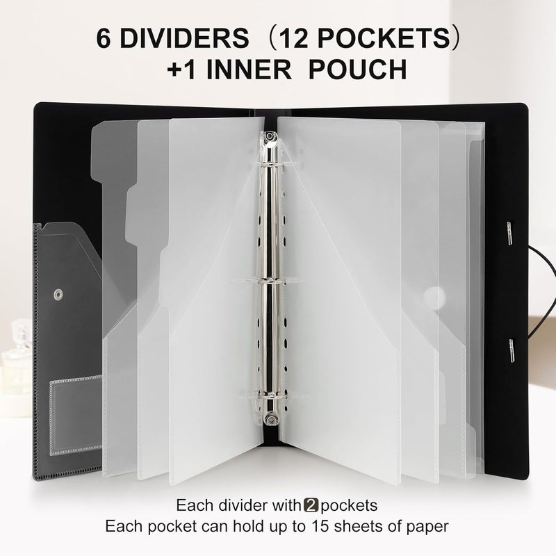 Uquelic 3-Ring Binder 1-Inch with Dividers, 6 Pocket Folders (12 Pockets) & Clear Pouch, Elastic Closure Refillable File Organizer for Letter Size Documents, School, Office - Transparent Inner Pages - Image 5